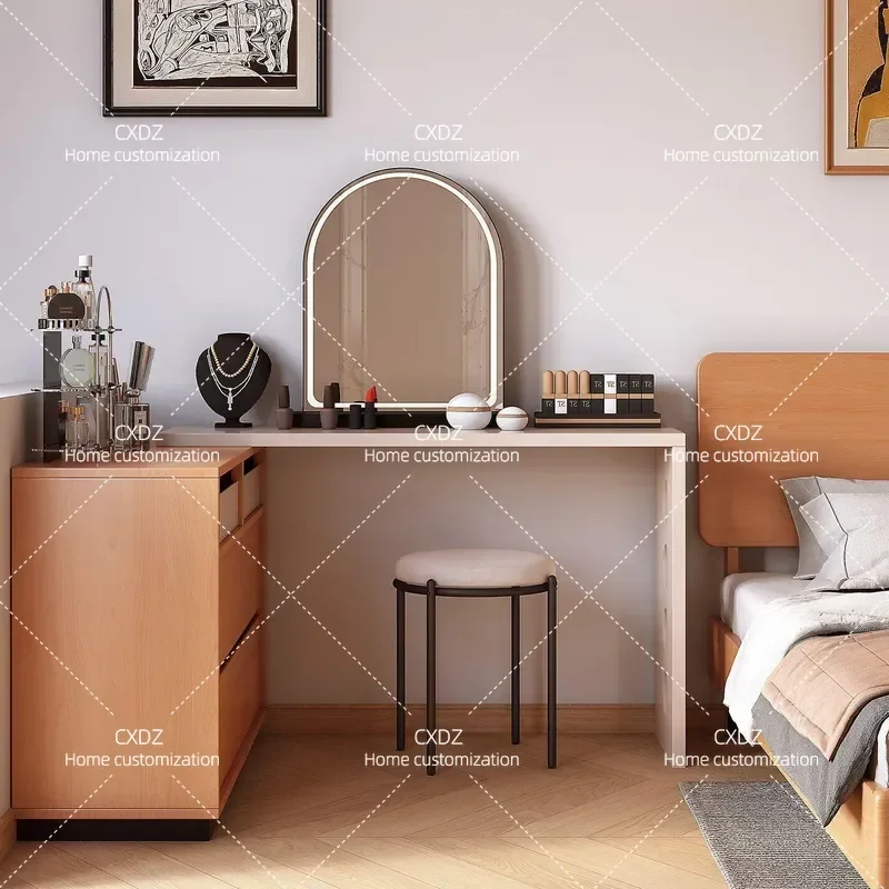 Nordic style bedroom dressing cabinet solid wood chest teak color dressing table retractable storage makeup table