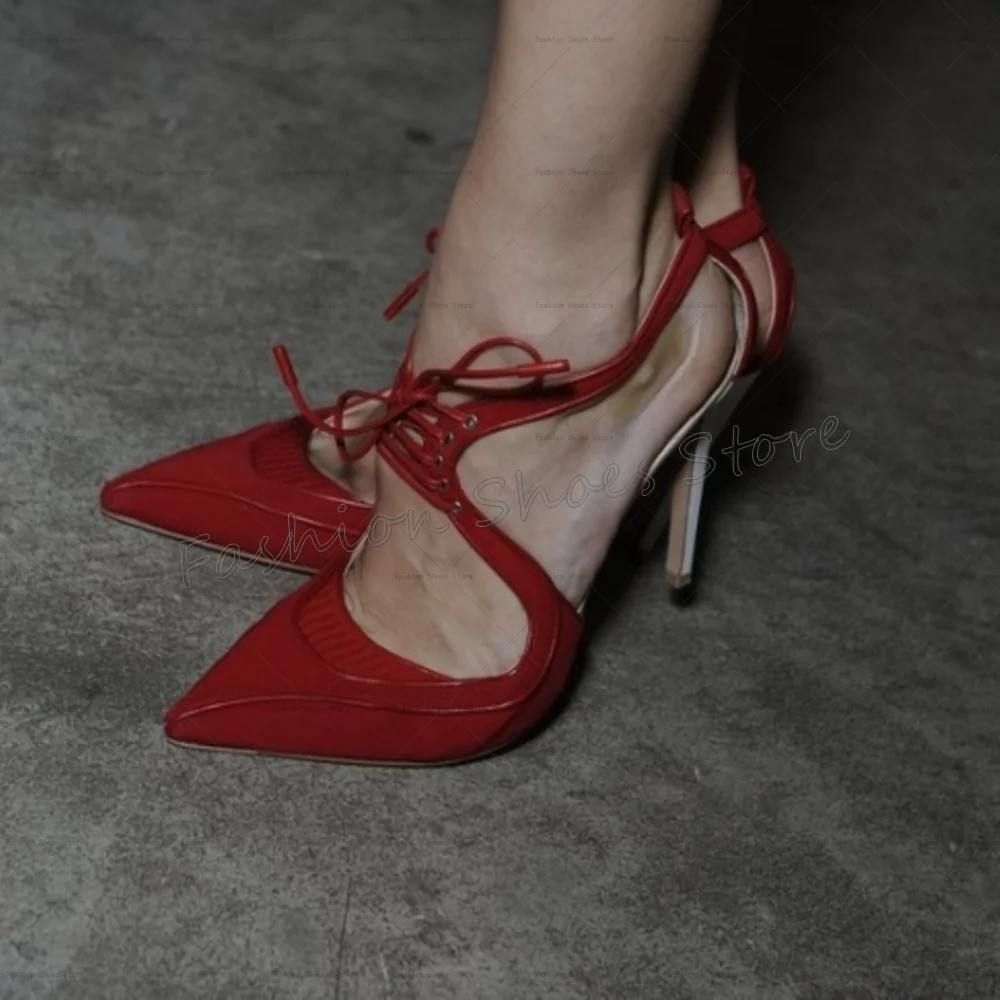 

Red Lace up Pointed Toe Sandals Patent leather Women Shoes Stilettos High Heels Party Banquet Dating 2025 Zapatos Para Mujere