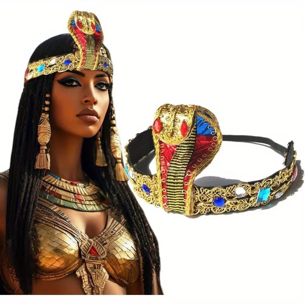 Halloween Egyptian Snakehead Hair Ornament Egyptian Accessories Golden Beaded Headband Cosplay Pharaoh Sparkle Hair Ornament