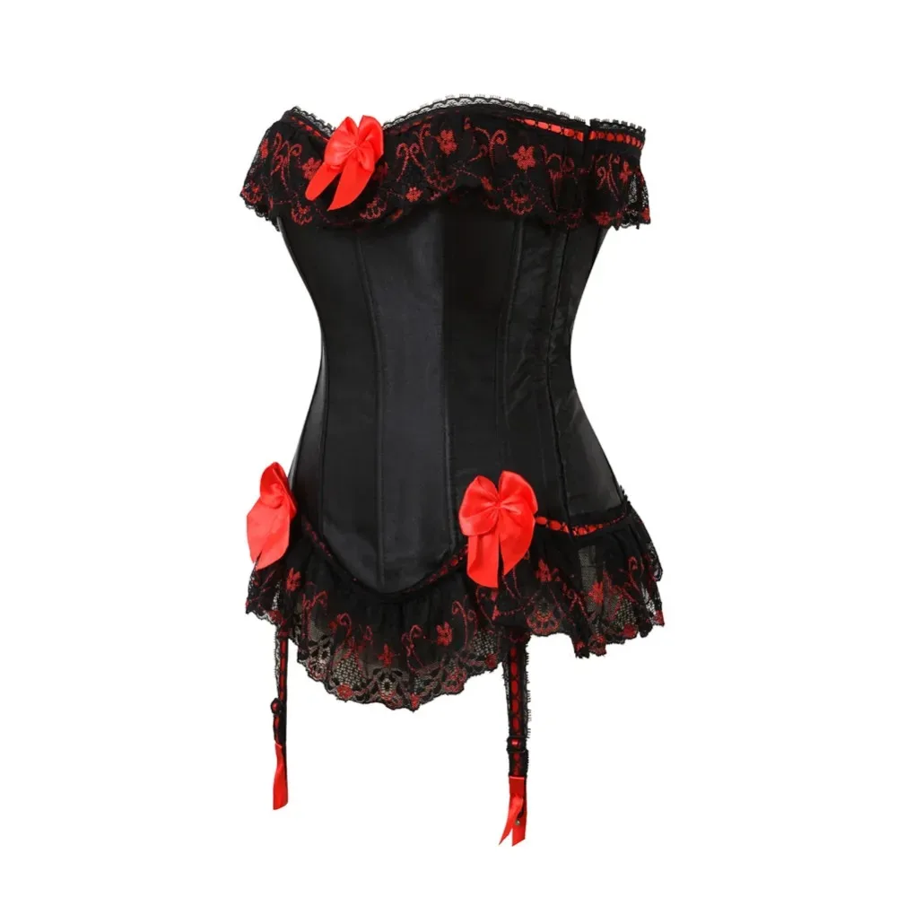 Women Slimming Body Lace Corset Top Bowknot Overbust Corsets Plus Size Black Garters Shaper Corselete Gothic Bustier