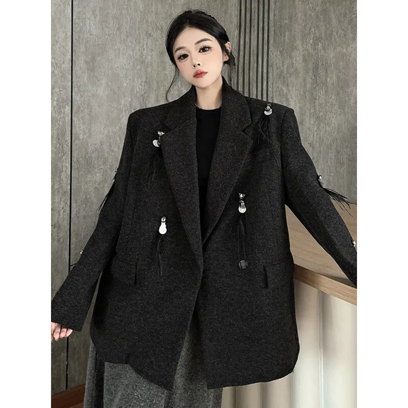 YERMORA Blazer Kasual Hangat Berumbai Rhinestone Abu-abu Untuk Wanita Kerah Lapel Lengan Panjang Longgar Jaket Baru Mode Musim Gugur Musim Dingin 2025