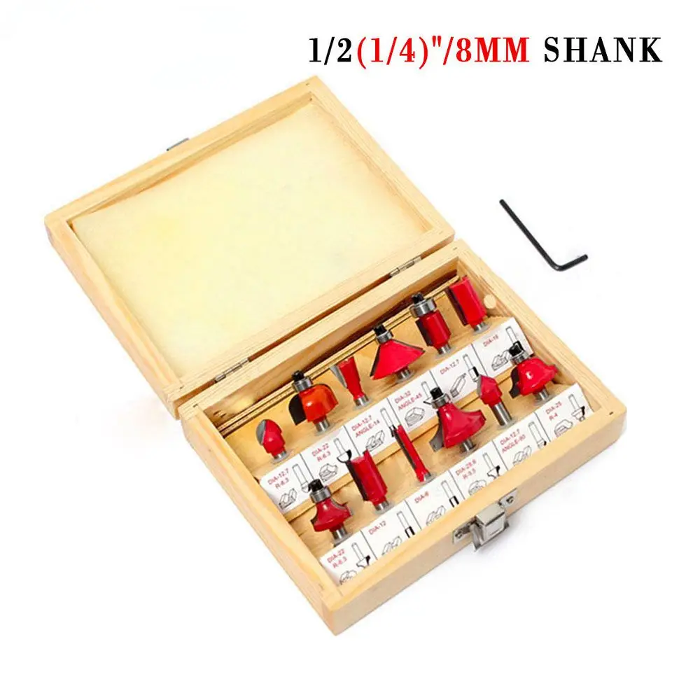 12Pcs Tungsten Carbide Router Bits Set 1/4 and 1/2 Inch Shank Rotary Power Tool Accessories 8MM Shank Milling Cutter