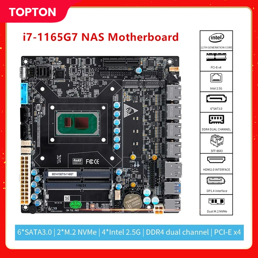 

6 Bay NAS Motherboard 11th Gen Intel i7 1165G7 i5 1135G7 i3 1115G4 4x i226 2.5G 6xSATA 2xM.2 NVMe PCIEx4 Mini ITX Firewall Board