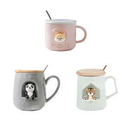 300-400ml Creative 3D Cute Animals Relief Ceramics Mug With Lid And Spoon Coffee Milk Tea Cup Novelty Gifts For Valentine's Day