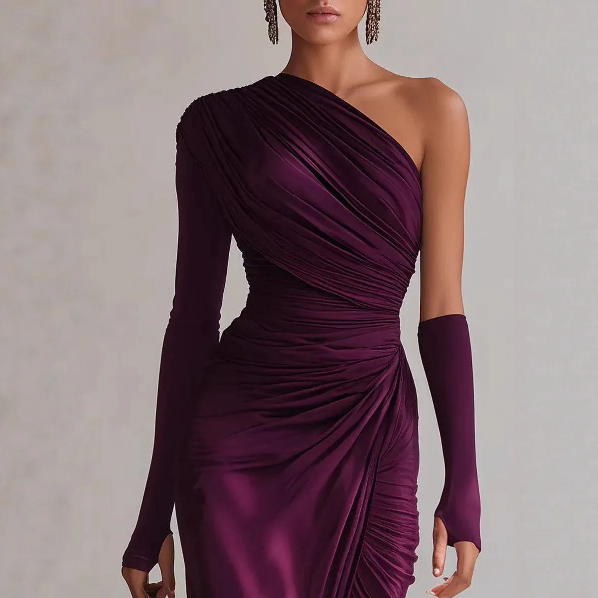 

2026 New Fashionable Backpack Hip Dresses Women Spring Sexy And Elegant Solid Color Pleated V-neck Slit Dress For Women