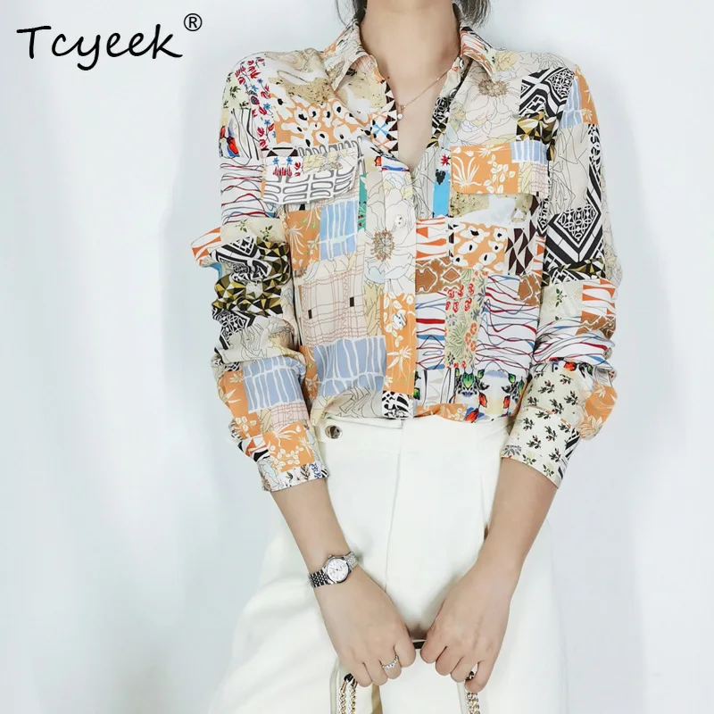 

Tcyeek 100%Real Silk Elegant Women Print Shirt Long Sleeve Patchwork Retro Commute Blouses Office Lady 2024 Spring T41120QM