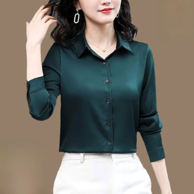 Ele Long Sve Silk irt Damen Premium Quali Satin Top Profional Sle Herbst Frühling Neues Design Kragen Po...