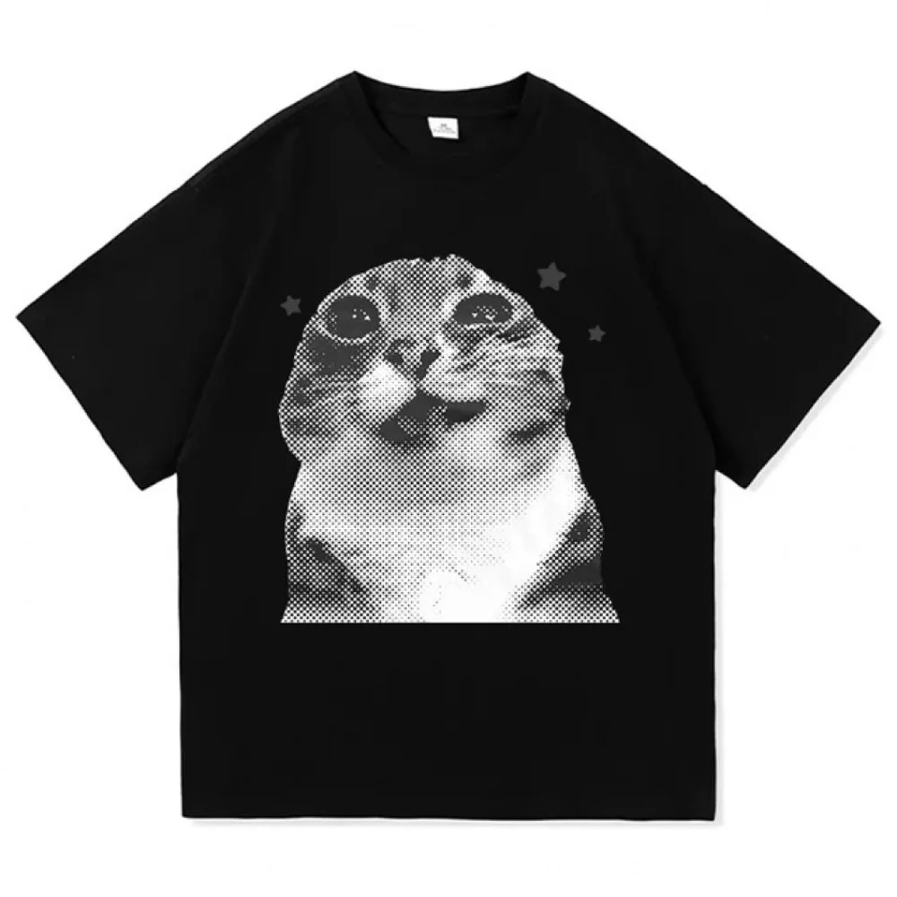 Halftone Star Cat Graphic T Shirt Men Women Retro Kitten Crew Neck Cotton Y2K Casual Streetwear Tee