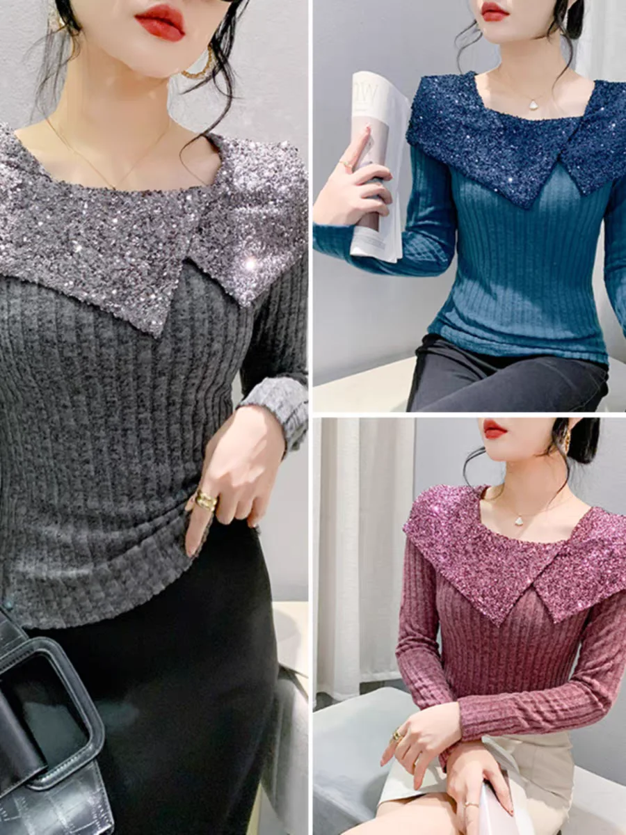 Fashion T Shirts Female Slim Tops New Long Sleeve Spliced Sequined Irregular Round Collar T-shirt Spring Autumn