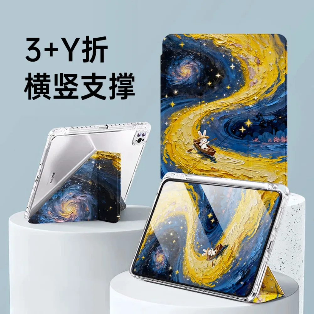 

New 2026 For iPad Air 11 M4 Case/ Air 11 M3 M2/ Air 4 5 10.9inch Oil Rabbit Pattern Y+Tri Fold Stand with Pen Slot Tablet Cases