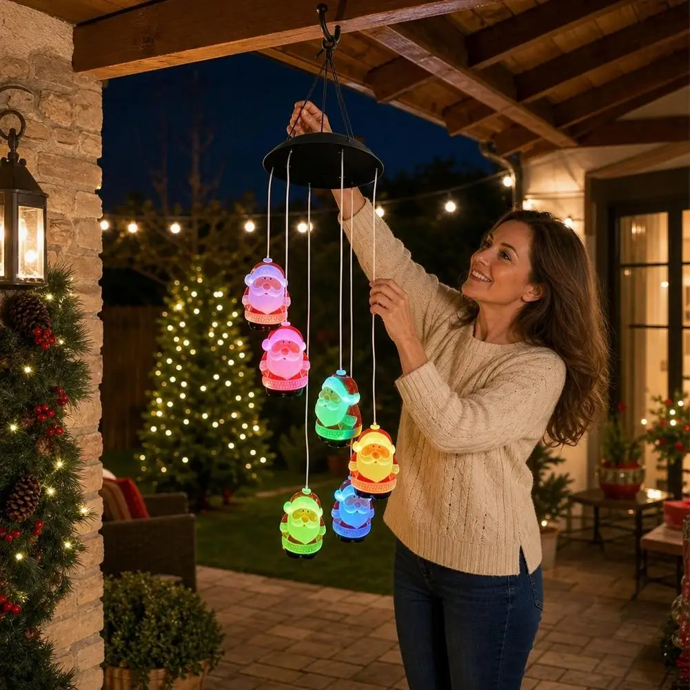 Christmas Solar Powered Santa Claus Wind Chime Light Color Changing LED Hanging Lamp for Outdoor Christmas Garden Decoration