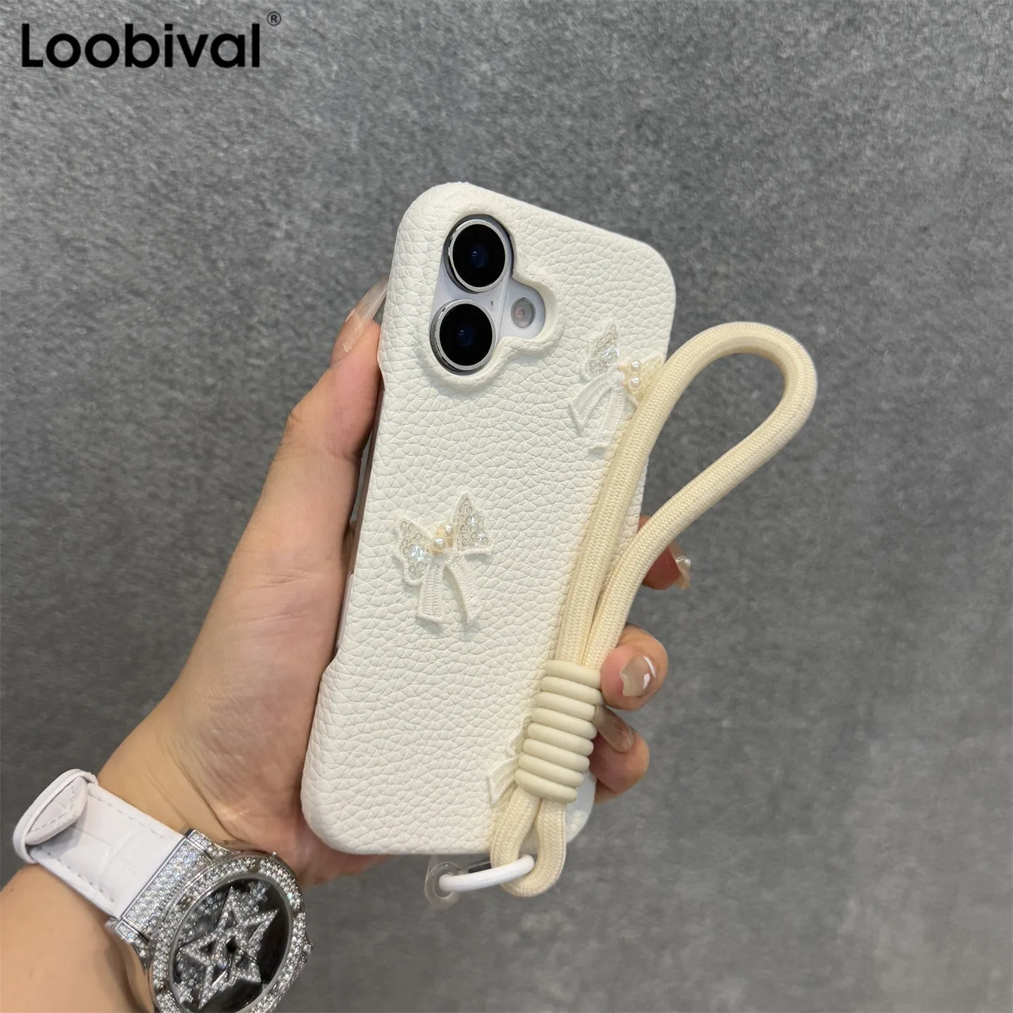 Funda de teléfono INS Fashion con lazo y perlas para iPhone 11, 12, 13, 14, 15 16 Pro Max Plus X Xr Xs, correa para muñeca, cordón, Funda de cuero Litchi