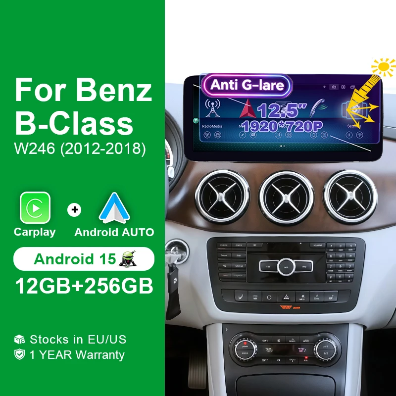 Aycetry Wireless Carplay Android 15 Auto  8 Core Car Radio 1920*720P Multimedia Screen Stereo For Mercedes-Benz B Class W246 2012-2018 NTG 4.5 5.0 Bluetooth Intelligent System video players Navigation GPS 2DIN