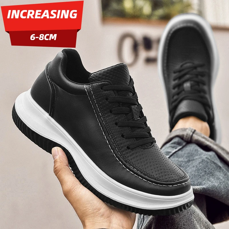 

Men Cow Leather Casual Elevator Shoes 6-8cm Invisible Height Increasing Sneakers Comfortable Breathable Non-Slip Sports Shoes