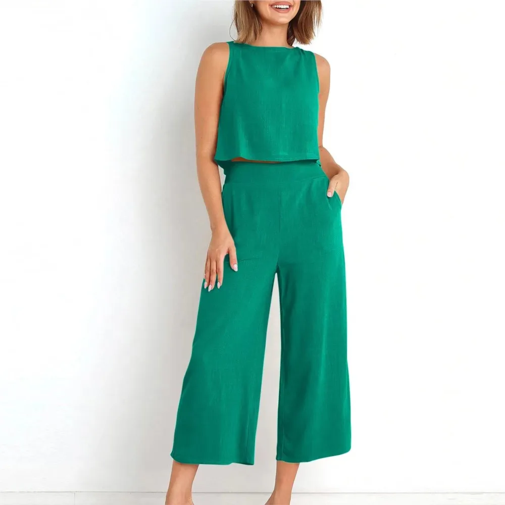 Fashion Solid Color Sleeveless Women\'s Suit Summer New Casual Simple Retro Wide Leg Long Pants Pocket 2 Piece Set Female