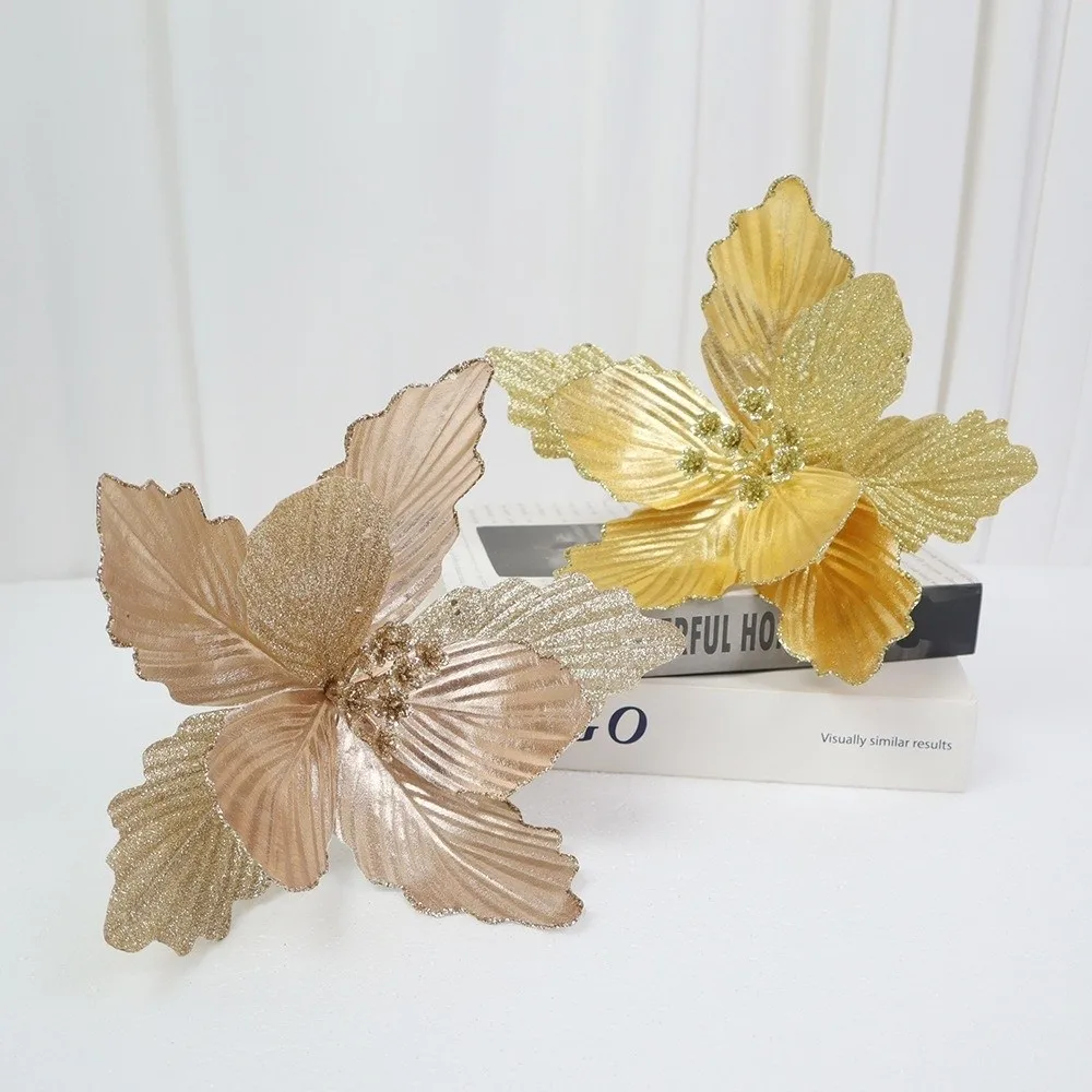 

Simulated Christmas Tree Flowers Bright Color Rose Gold Flower Picks Decoration Glossy Fabric Artificial Flowers Store Display