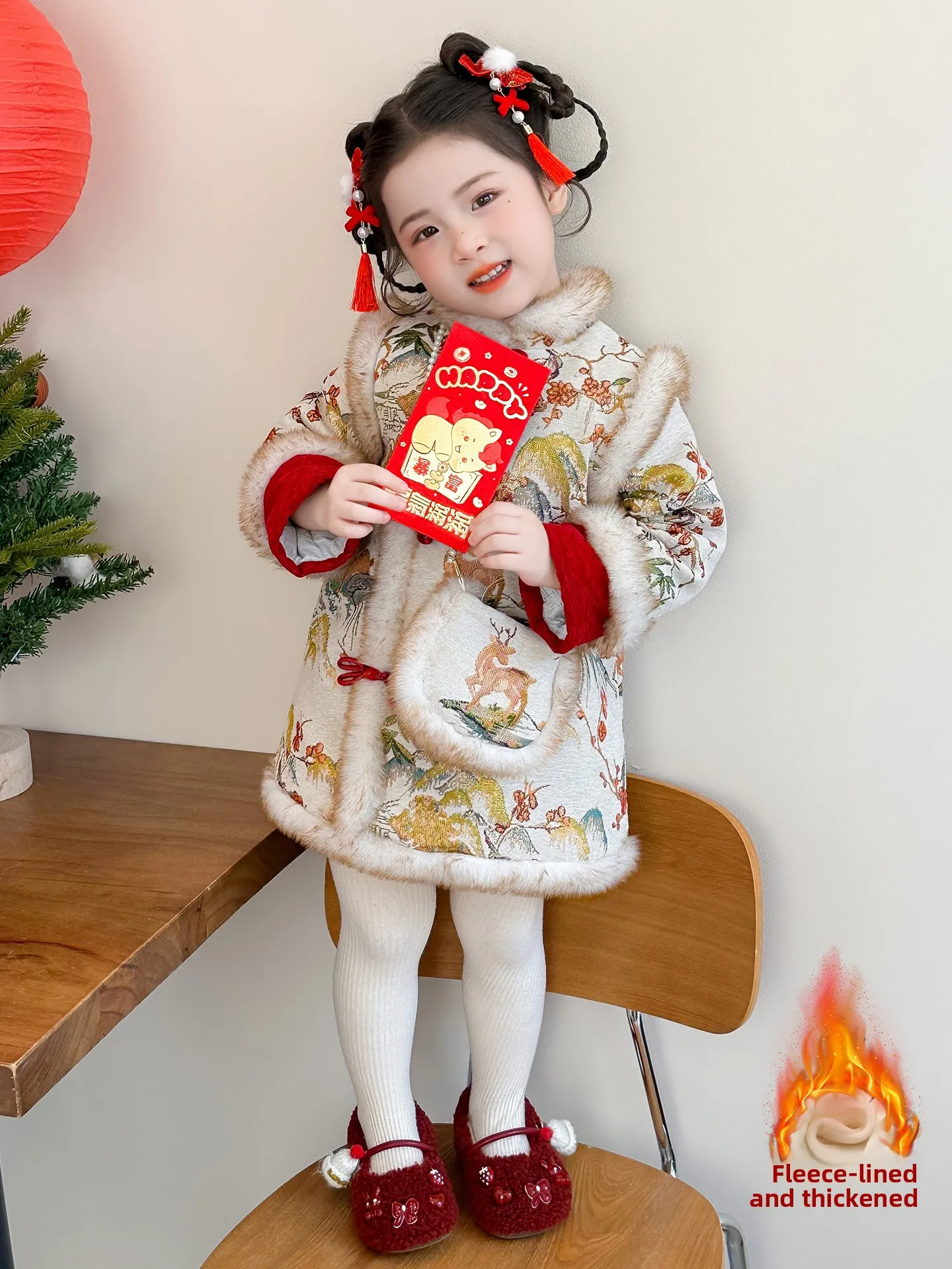 

New Chinese Style Girls Winter Clothes Hanfu Skirt Fleece Lined Thick New Year Visit Tang Costume National Style On...