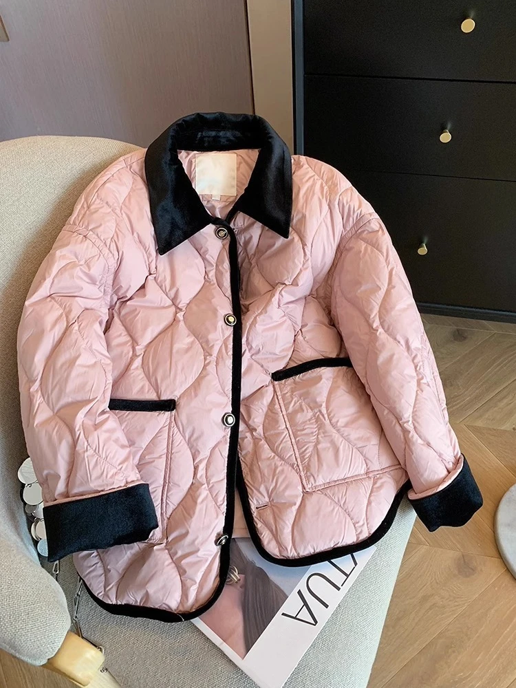 

Korean Sle Sweet Color Blo Collar Diamond Pattern Cotton Jaet Lightweight Warm Coat for Men And Women Autumn Winter Fas...