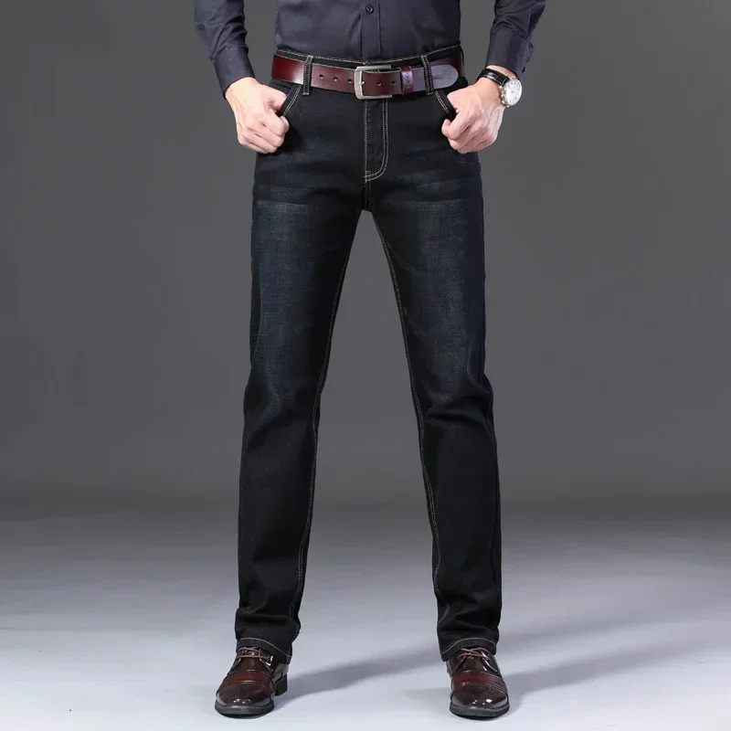 Autumn Winter Stretch Men's Jeans Business Classic Work Classic Denim Pants Straight Thick Cotton Trousers Male Plus Size 28-40