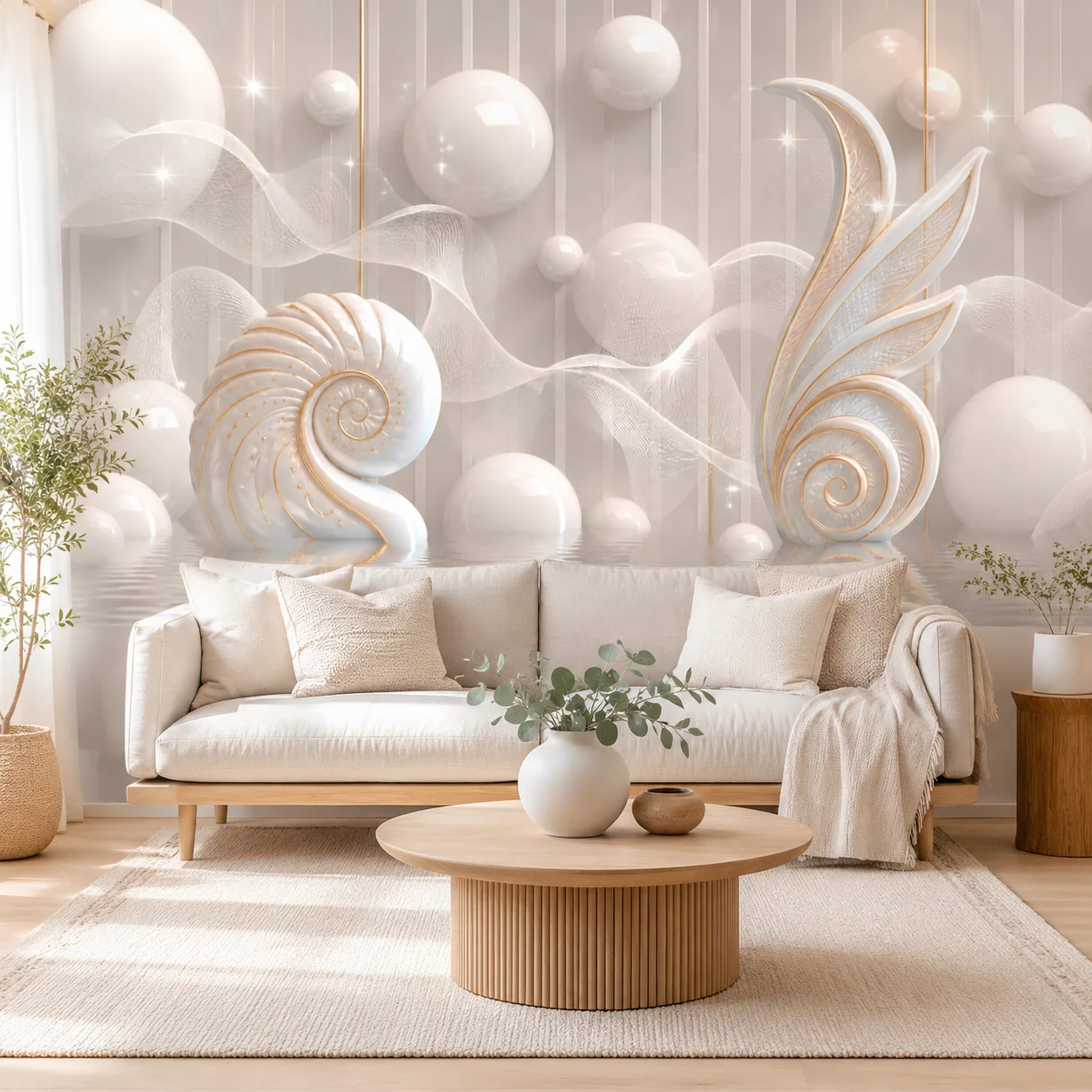 3D White Gold Abstract Shell Wallpaper Mural Luxury Geometric Wall Art Living Room Decor Non Self Adhesive Requires Glue