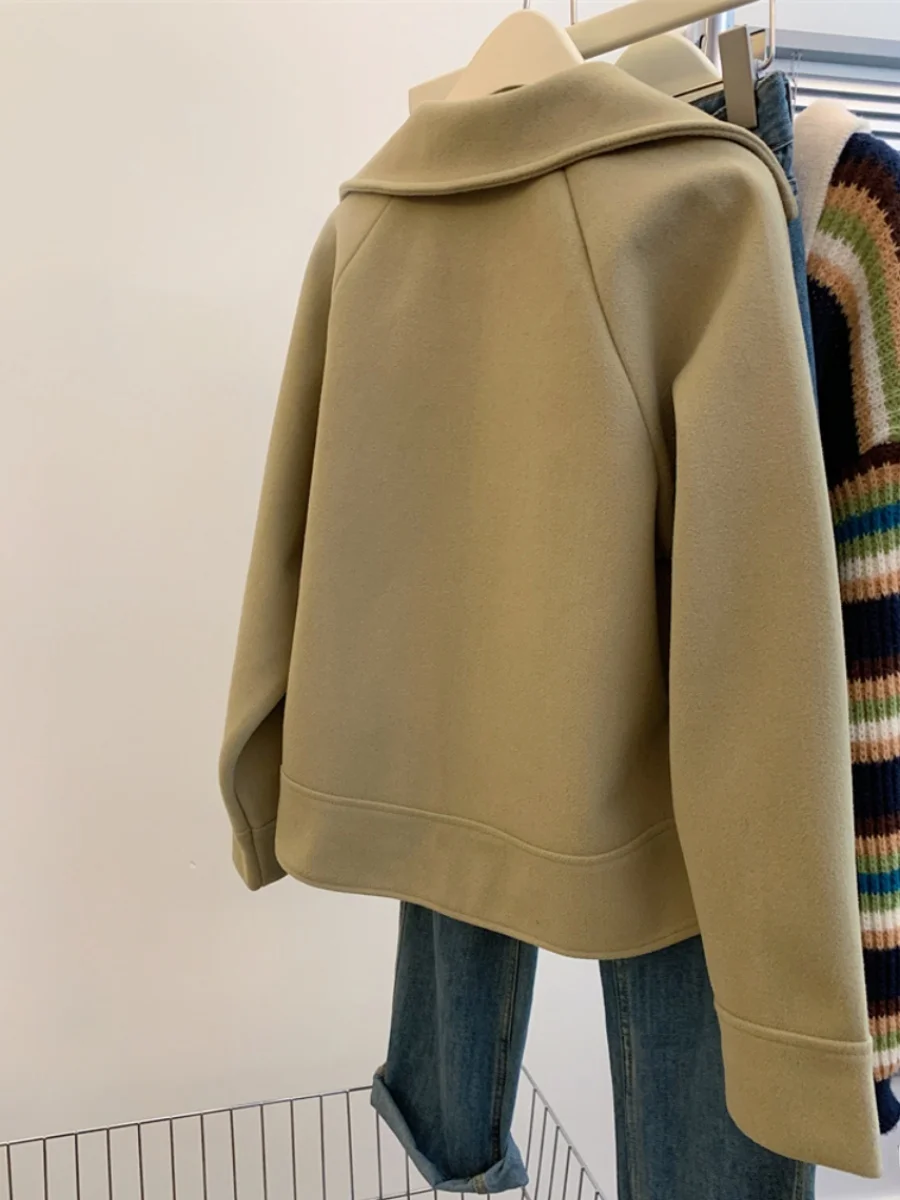 معطف صوفي كوري أنيق مضاد للشيخوخة متعدد الاستخدامات بياقة للنساء، معطف خريفي وشتوي ناعم وفضفاض بمقاسات كبيرة