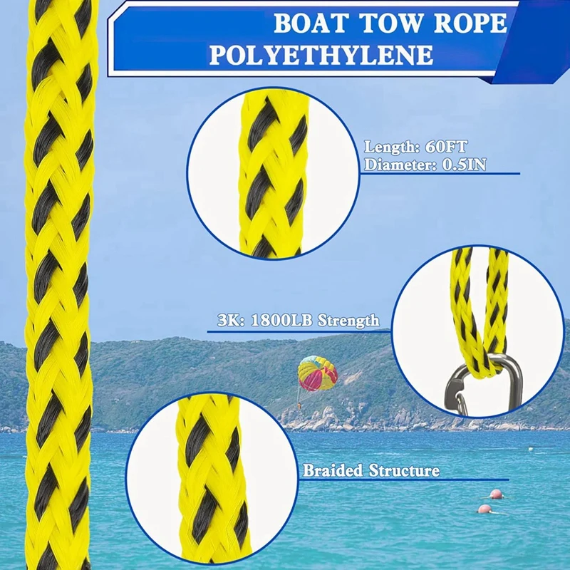 Boat Tow Rope , 60FT 3K 1-3 Riders Tube Boating Ropes Heavy Duty Ski Rope For Ski Float Water Skiing