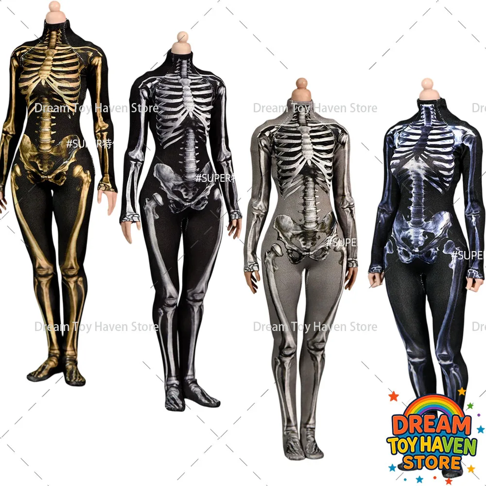 

1/6 Women Soldier High Neck Jumpsuit Terrifying Skull 3D Print Elastic Bottoms Clothes Accessory For 12Inch Action Figure Body