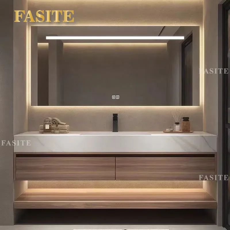 For Modern Bathroom Cabinet Ceramic Integrated Basin Smart Vanity Unit with Sink Wash Table Space Saving Waterproof Storage