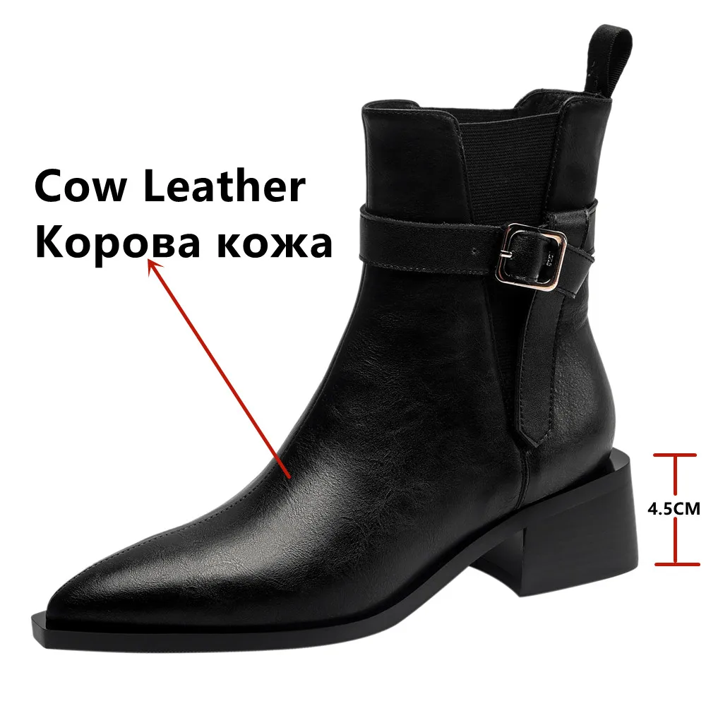 FEDONAS Women Genuine Leather Ankle Boots Pointed Toe Square Heeled Mature Shoes Woman Autumn Winter Office Lady Chelsea Boots