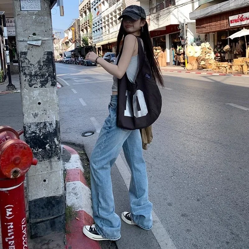 Light Blue Straight Jeans Children Spring and Summer American Hottie High Waist Versatile Thin High Loose Pants
