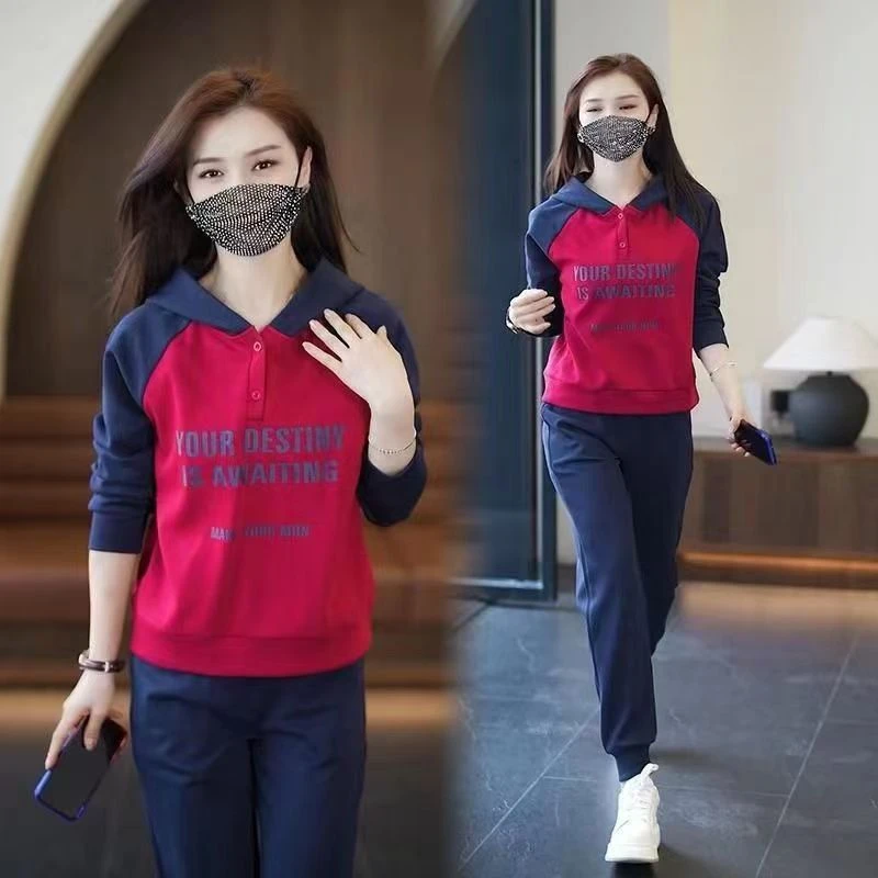 

Модный антивозрастной худи-свитшот с цветовыми блоками большого размера, повседневный женский комплект из двух предметов, весна-осень, новый стиль, с манжетами