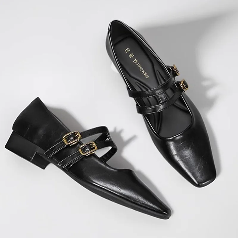 Gorasion 2025 Women's Double Buckle Strap Pumps Low Heel Square Toe and Heel Mary Janes Shoes Handmade Women Dress Shoes