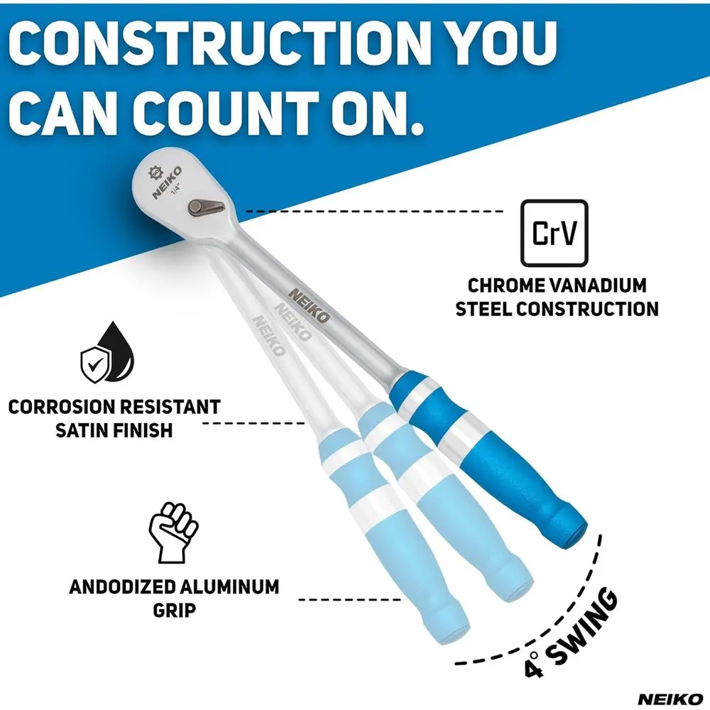 03006A 플랫 헤드 라쳇 세트 - 3피스 로우 프로파일 1/4, 3/8, 1/2 인치 드라이브, 90 톱니, 아노다이징 텍스처드 그립 핸들, 롱 핸들