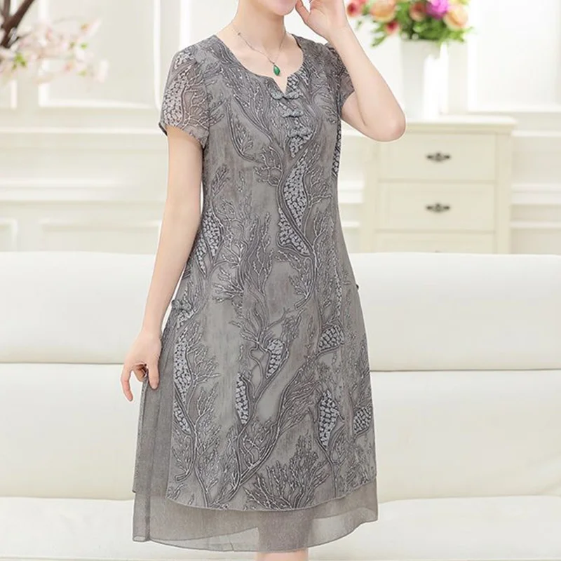 Frog Short Sleeved Chiffon Medium Length Cheongsam Summer Female Clothing Vintage Printing V-Neck Net Yarn Midi A-line Dresses