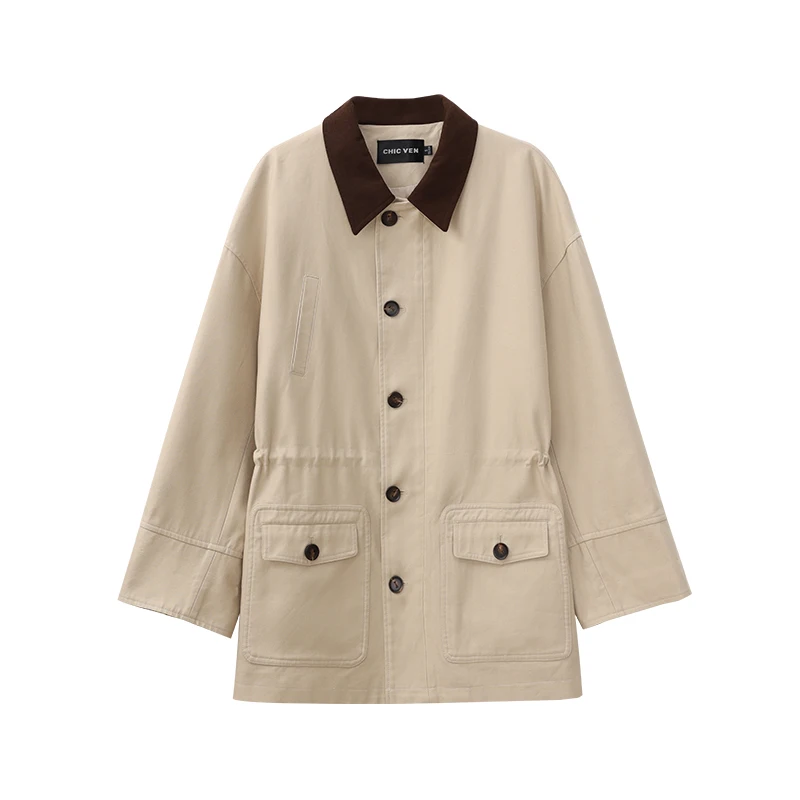 ALXNAN カーキトレンチコート女性ブロックカラーカジュアルルーズフィットウインドブレーカー 2025 秋冬ミッドレングストレンチコート女性 L57723