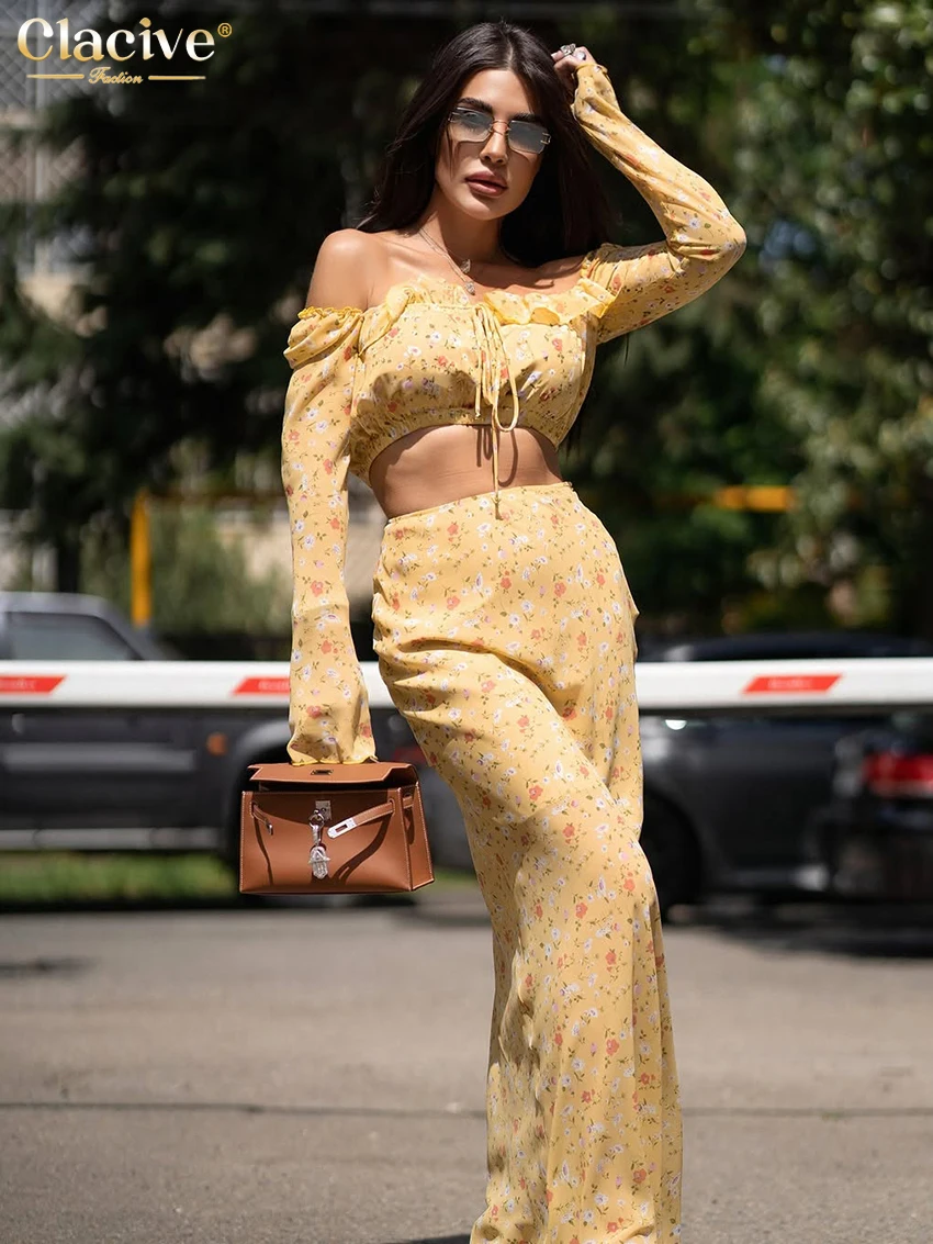 Claciveแฟชั่นหลวมพิมพ์ผู้หญิง2ชิ้นชุด2025เซ็กซี่แขนยาวCrop TopเอวสูงกระโปรงMaxiชุดStreetwear