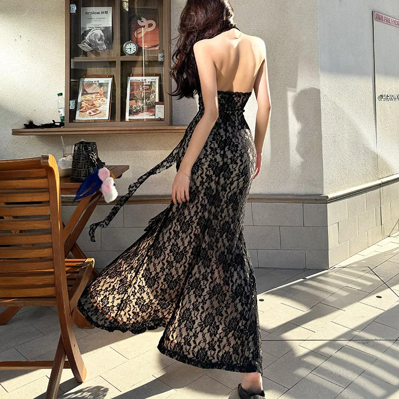 DSMTRC 2025 femme été Vintage Style Floral moulante volants robes élégant licou col en v longue robe robes décontractées Mujeres