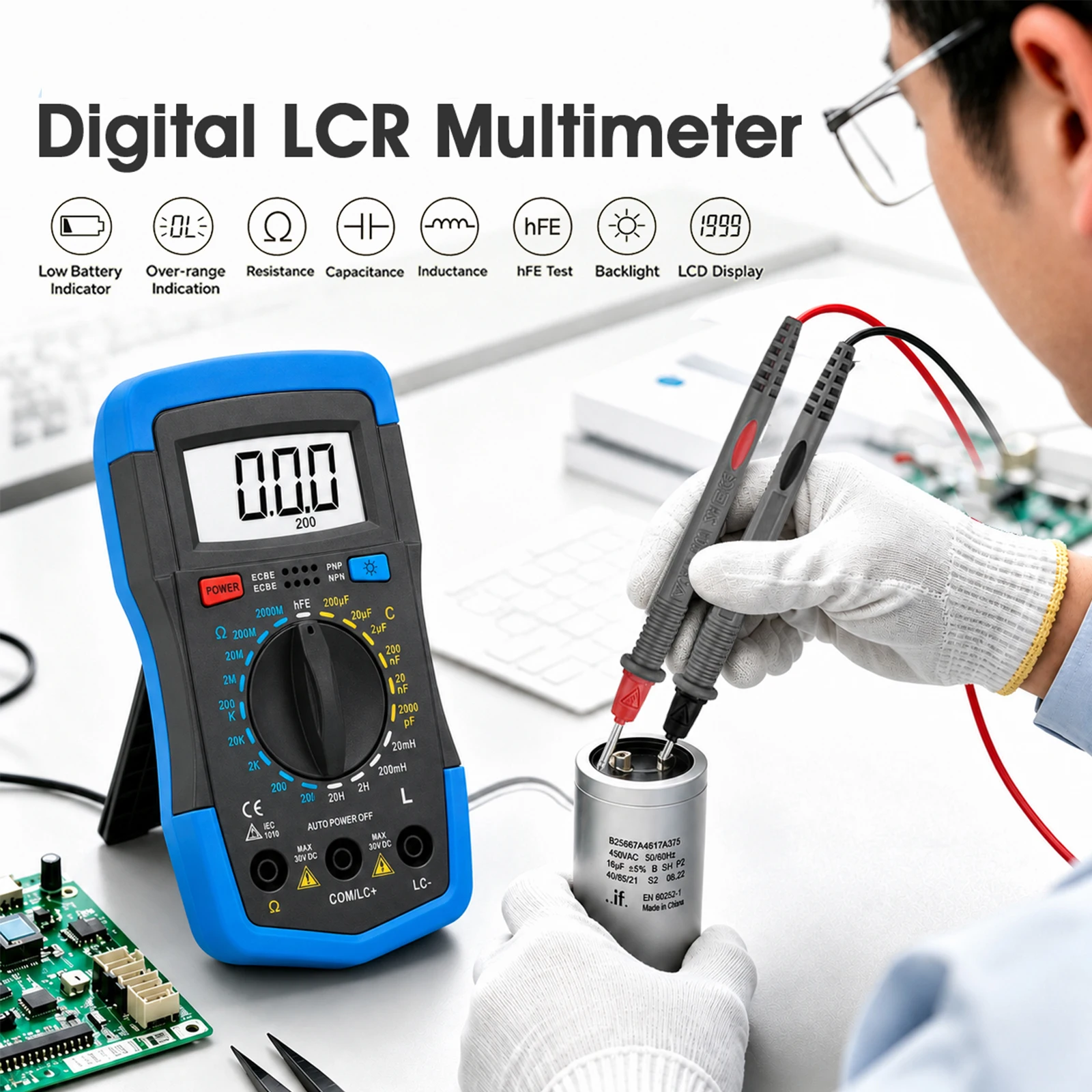 Digital LCR Multimeter 3 1/2 Digit 1999 Counts Resistance/Capacitance/Inductance/hFE Test Backlight CE for Electronics Repair