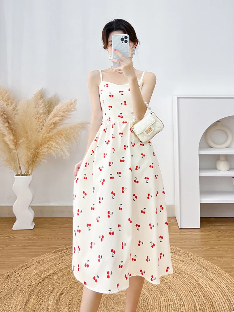 

2022 New Cherry Print Dress Women Summer Sweet High Waist Floral Strapless Long Dresses Woman