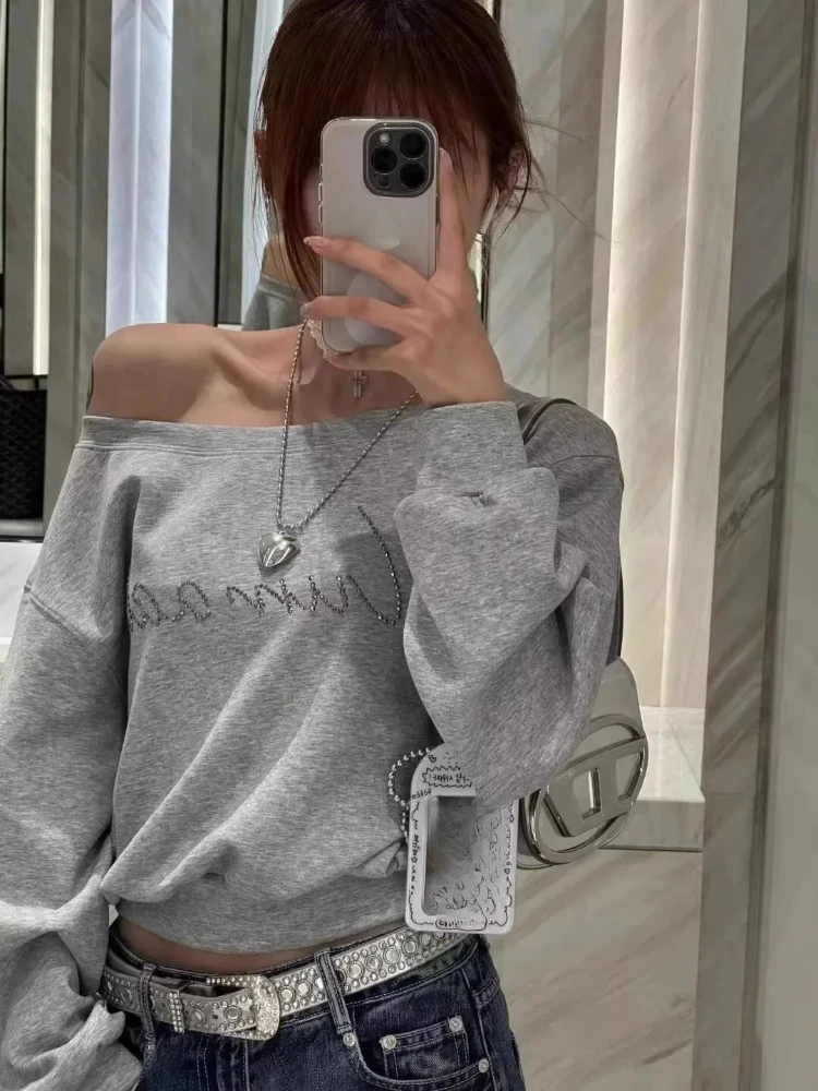 Women Hoodies Autumn Streetwear Off Shoulder Seductive Cropped All-match Sweatshirts Baggy Fashion Print Design Aesthetic Casual