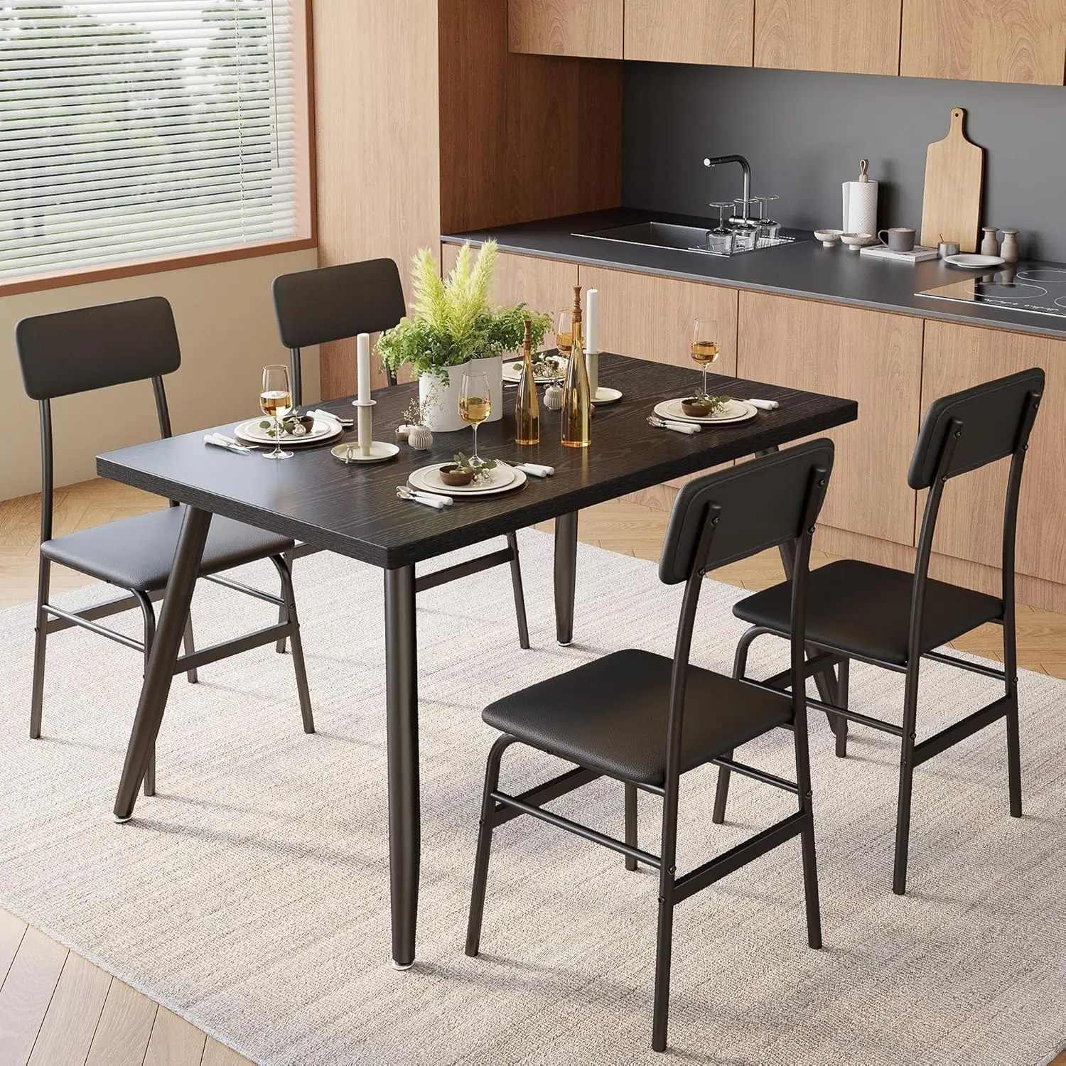 Gizoon Dining Table Set for 4, Modern Kitchen Table with Chairs, Black | Wood Top & Upholstered Chairs