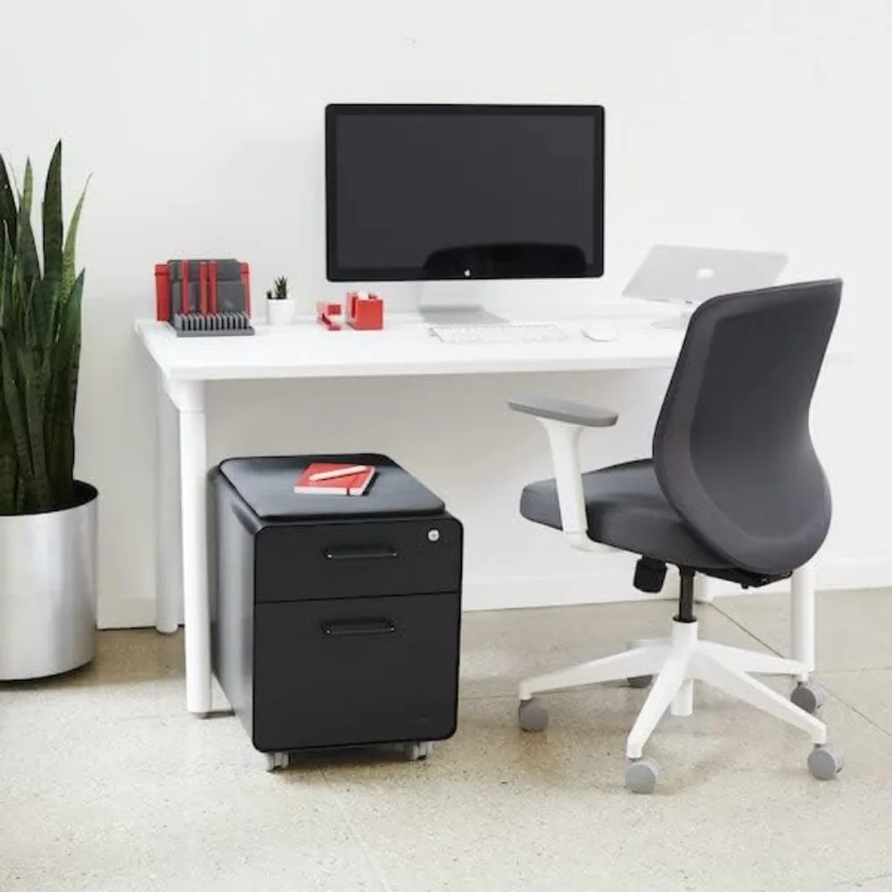 Mobile Mini Sittable Stow Rolling File Cabinet - Black with Black Seat Cushion. Two Locking Drawers and One Key Lock.