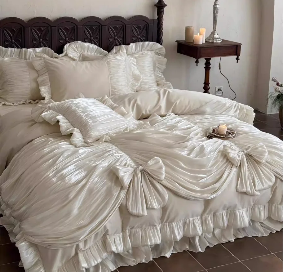 French Royal Style Bedding Set Luxury Egyptian Cotton Bed Set Lace Bow Princess Duvet Cover Bed Skirt Pillowcases Home Textile