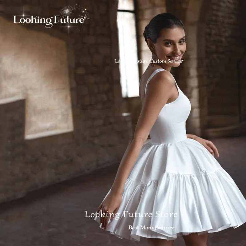 Customized Beach Mini Wedding Dresses Sexy Spaghetti Straps Bride Dresses Simple Square Collar Backless Short Wedding Gowns 2026