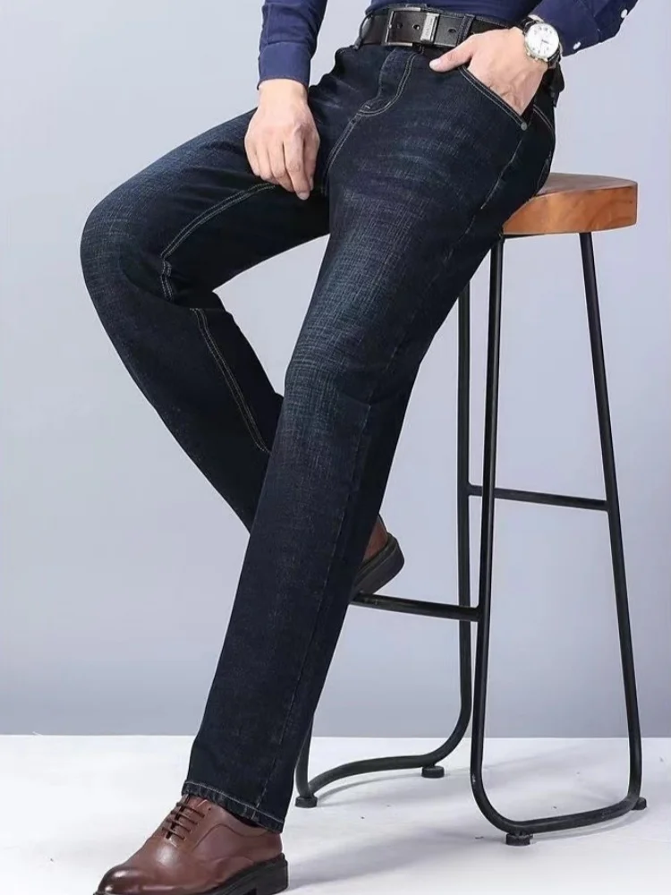 Spring Autumn New Men's Pure Black Slim Jeans Elastic Straight Pants Business Fashion Leisure Korean Vintage Denim Pants Male