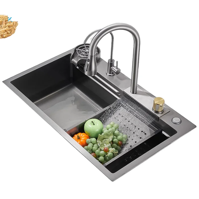 High Quality Smart Multifunction Stainless Steel Kitchen Sink Faucet Modern Style Nano Black Waterfall Single Bowl Kitchen Sinks