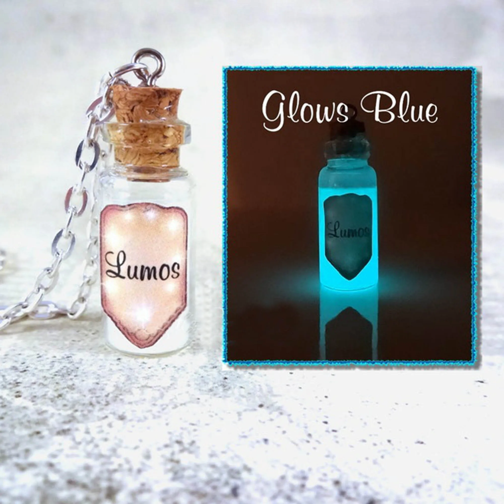 Glowing Lumos Bottle Necklace Glow in the Dark Lumos Light Charm Necklace Glass Bottle Necklace Potion Vial Charm Wizard Spells