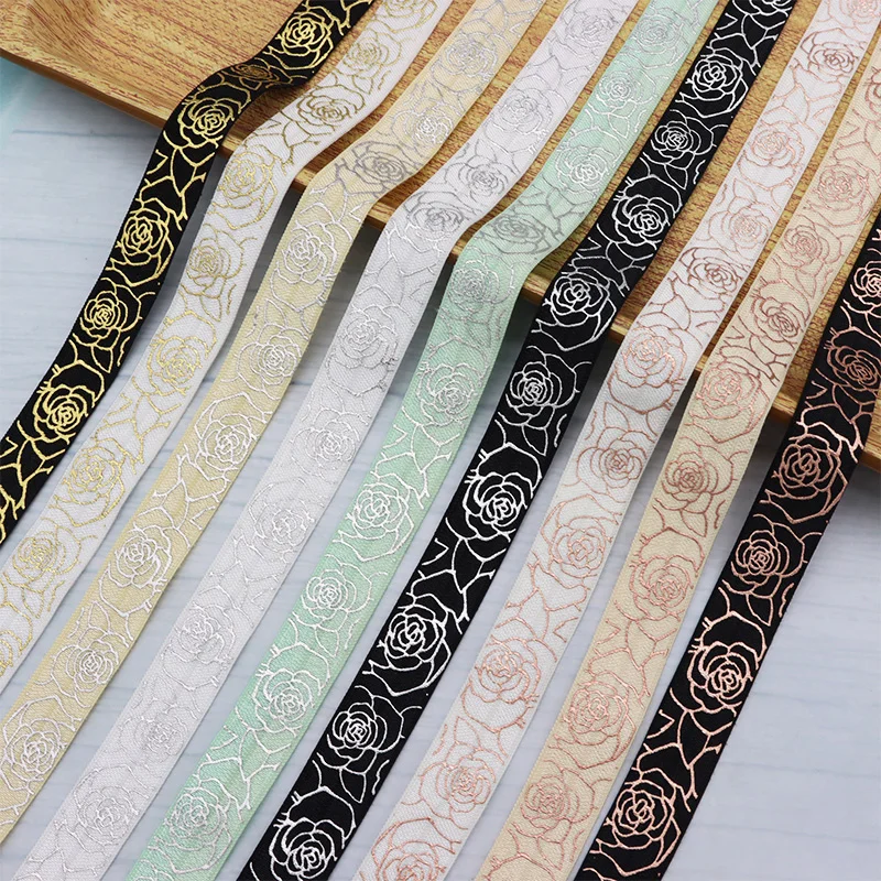 5/8'' 15mm Gold Silver Foil Rose Flower Line Printed FOE Band Spandex Fold Over Elastic For Hair Tie DIY Sewing Craft Supplies