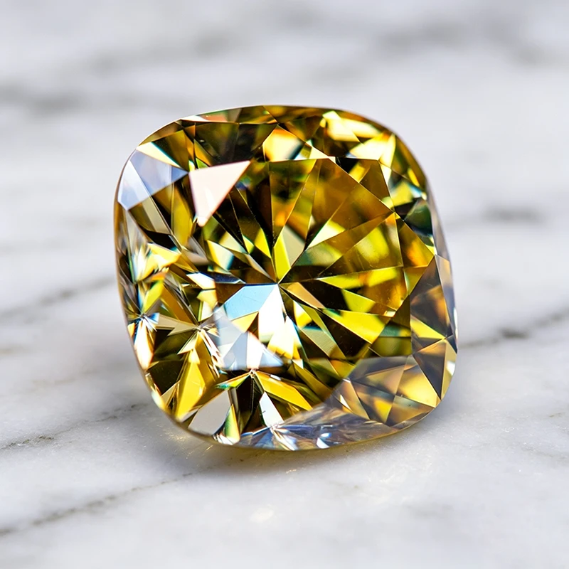 Moissanit-Stein im Kissen-Schliff, zitronengelb, im Labor gezüchteter Edelstein für die Herstellung von DIY-Schmuck wie Ringen, Halsketten und Ohrringen, mit Zertifikat. – Detail 4