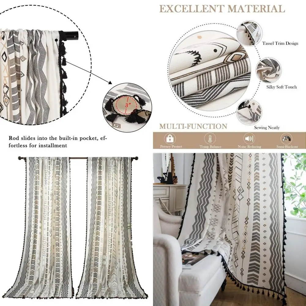 

Черно-белые шторы для патио в стиле ацтекского бохо, длина 108 дюймов, комплект из 2 панелей с карманом для карниза и кисточками